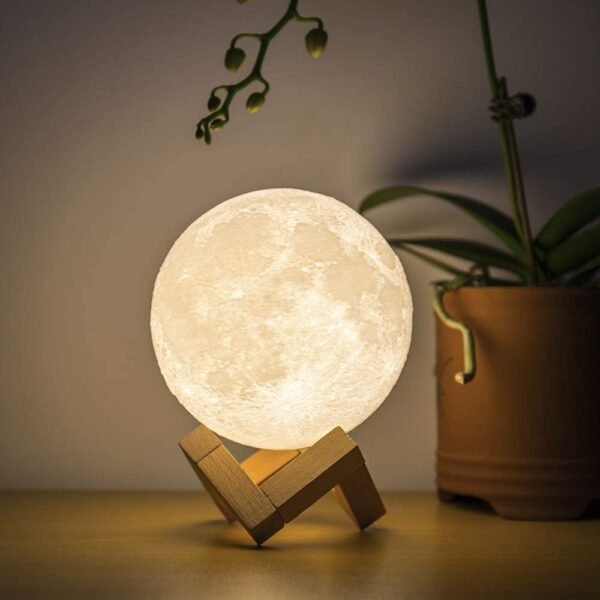 3D Printed Moon Lamp with Wooden Stand | Ambient Night Light & Home Décor